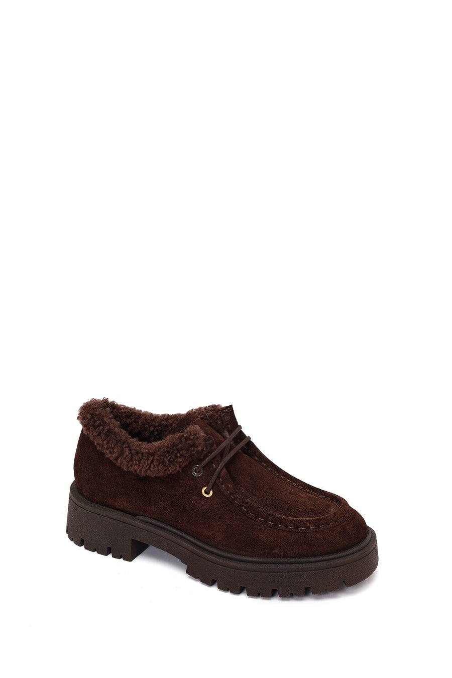 Woman Brown Lace-Up Fur-Detail Thick-Soled Suede Casual Shoes