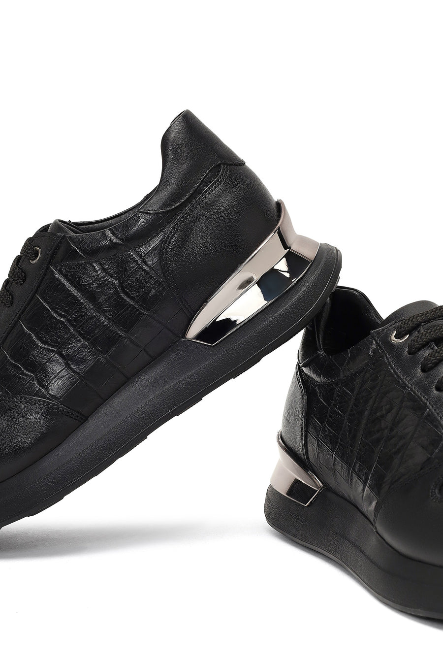 Erkek Siyah Bağcıklı Kalın Tabanlı Deri Sneaker