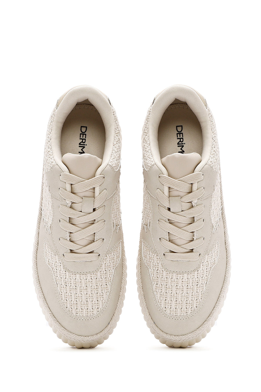 Women's Beige Lace-Up Thick-Sole Knitted Sneakers