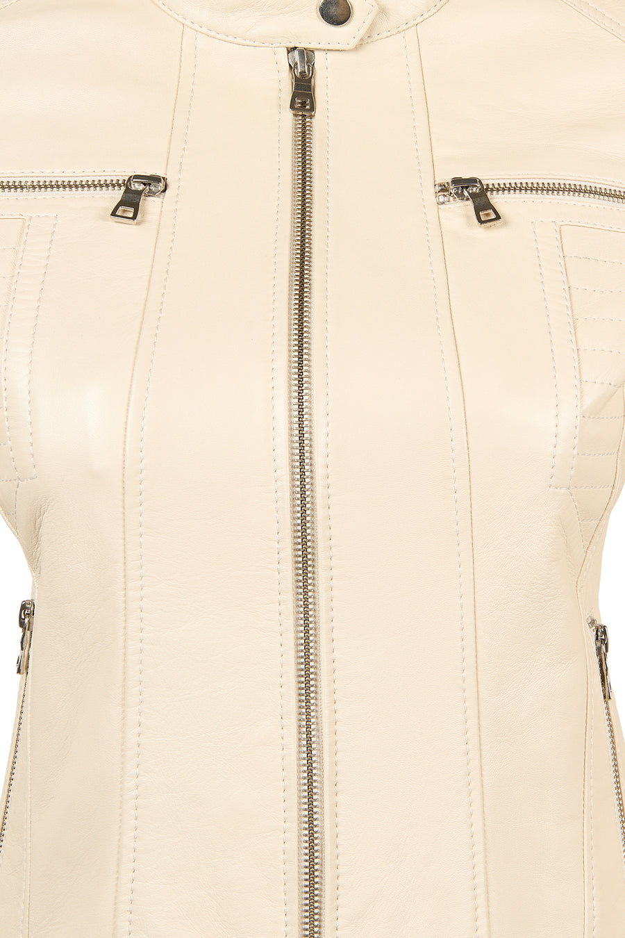 Marlyn Woman Beige Stand Collar Short Leather Jacket