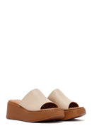 Women's Beige Platform Heel Leather Comfort Slippers | Derimod