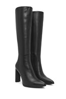 Woman Black Zip Closure Thin High-Heeled Leather Boots | Derimod