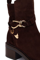 Woman Brown Zip Closure Thick-Heeled Suede Boots Casual Boots | Derimod