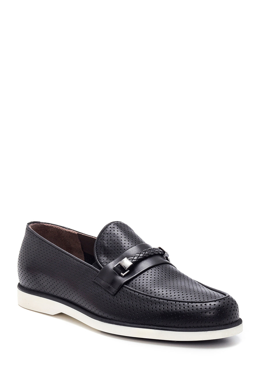 Men's Black Leather Perforated Casual Loafer