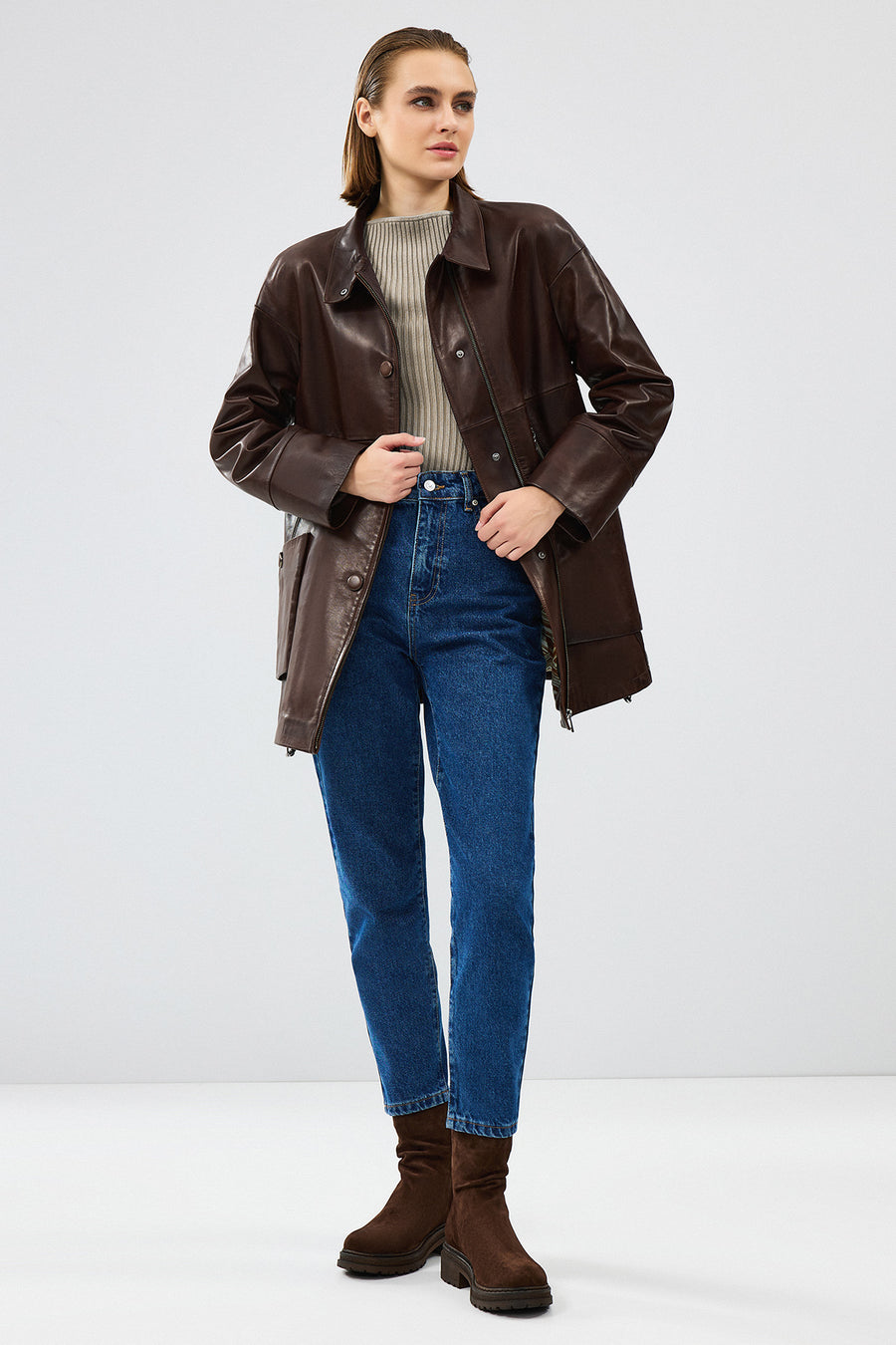 Dalida Women's Brown Oversize Leather Jacket
