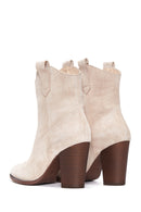 Women's Beige Suede Leather Cowboy Heeled Boots | Derimod