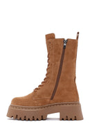 Women's Tan Thick Soled Zippered Suede Leather Boots | Derimod