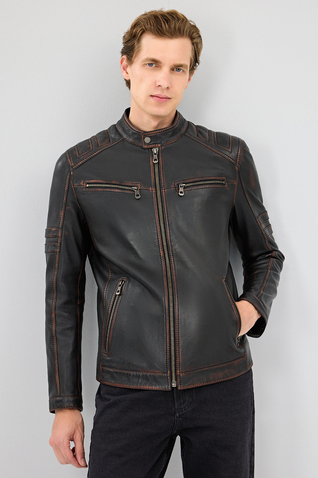 Leonard Erkek Kahverengi Vintage Slim-Fit Deri Ceket