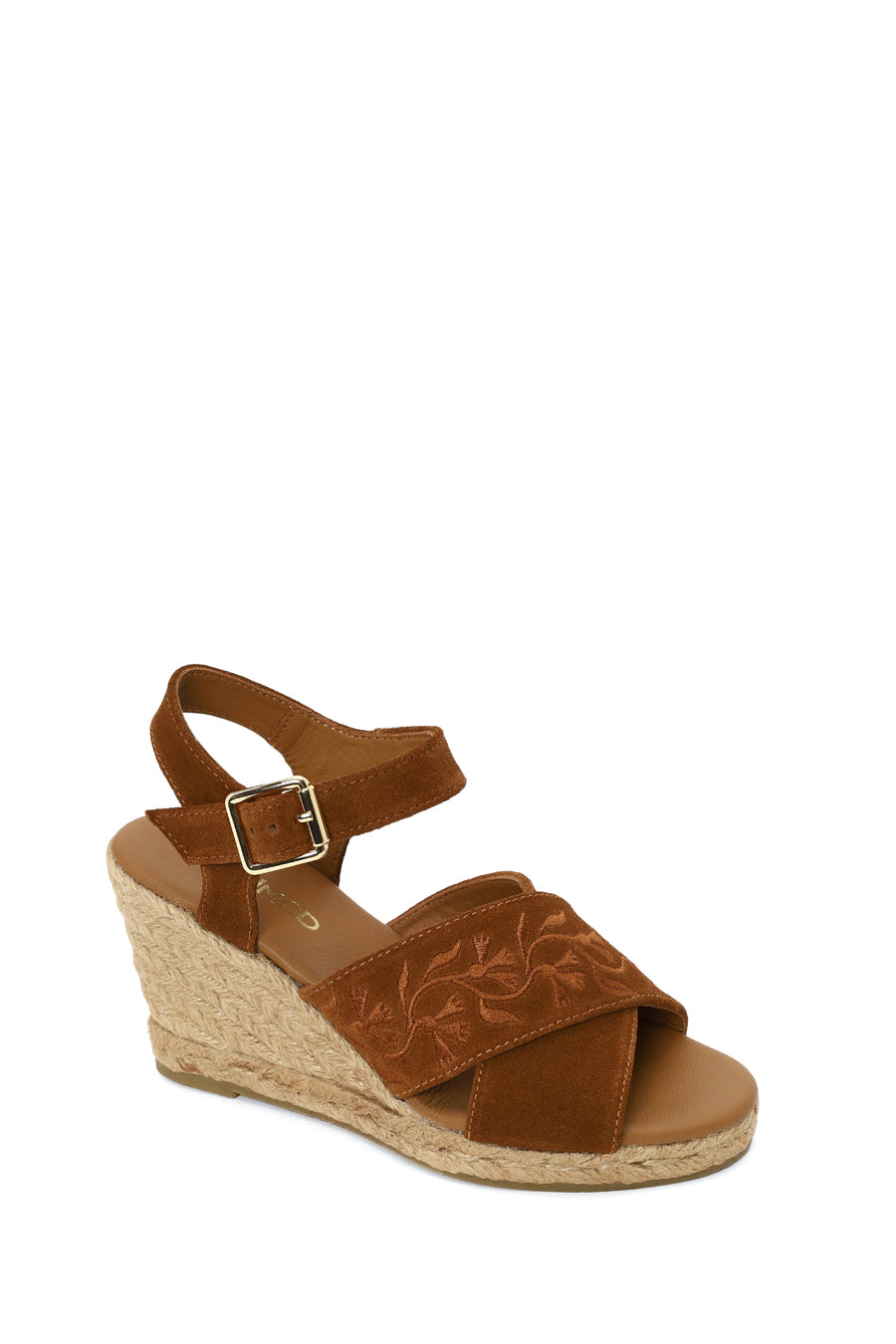 Woman Tan Ankle Buckled Wedge Heel Suede Espadrilles Sandal