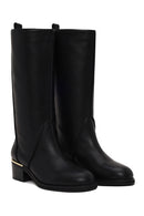 Woman Black Short Thick-Heeled Leather Boots | Derimod