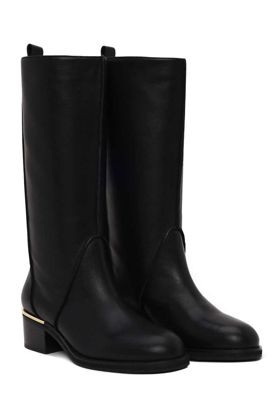 Woman Black Short Thick-Heeled Leather Boots
