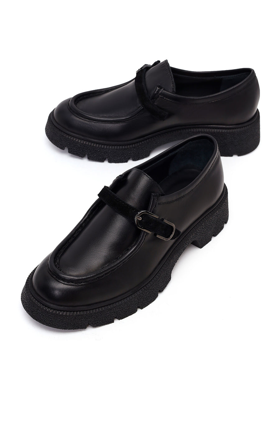 Kadın Siyah Tokalı Kalın Tabanlı Deri Maskülen Loafer