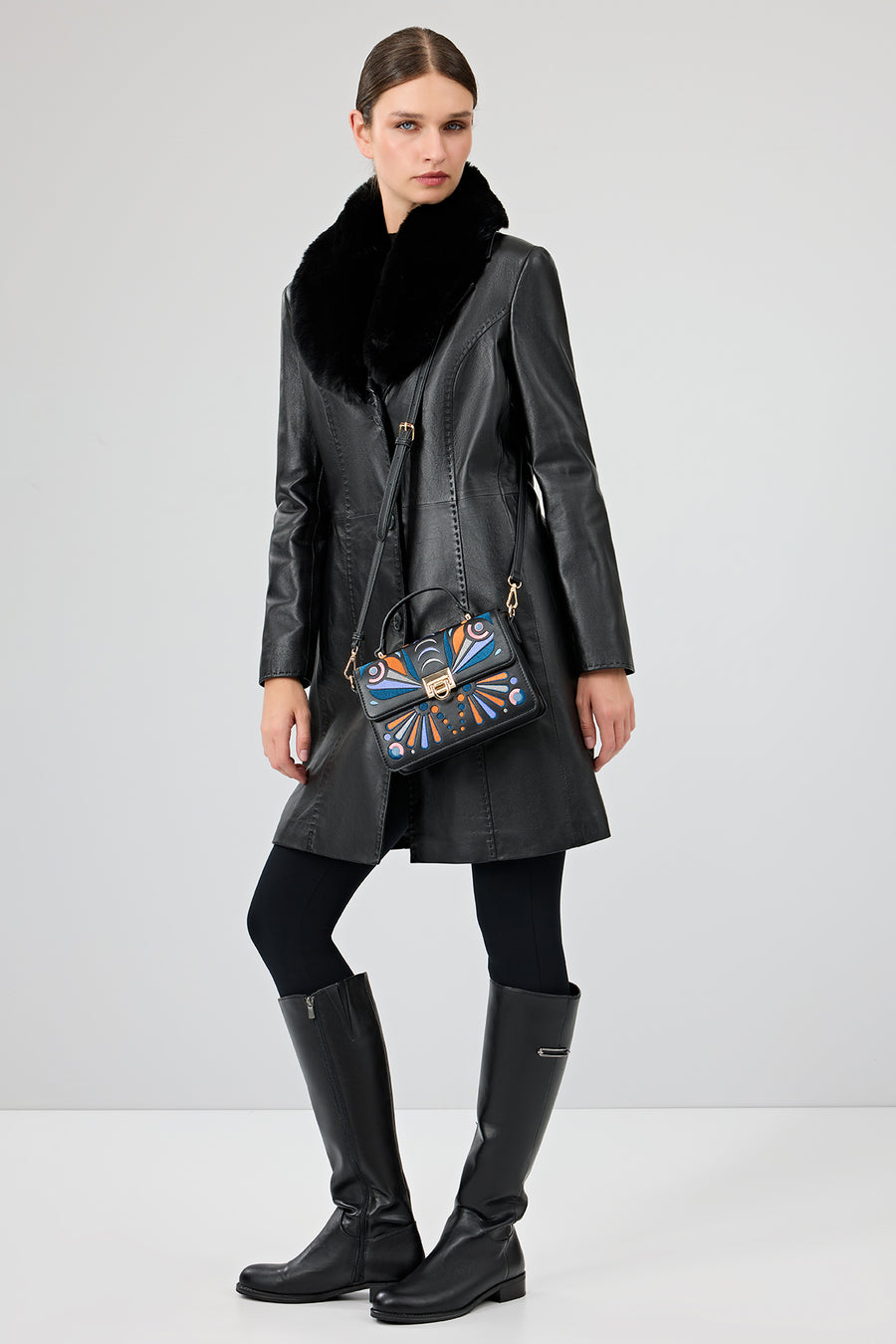 Christina Women's Black Fur Long Leather Coat