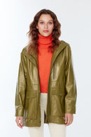 Victoria Women's Khaki Hooded Leather Coat | Derimod