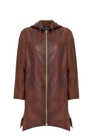 Daniela Women's Brown Hooded Long Oversize Leather Coat | Derimod