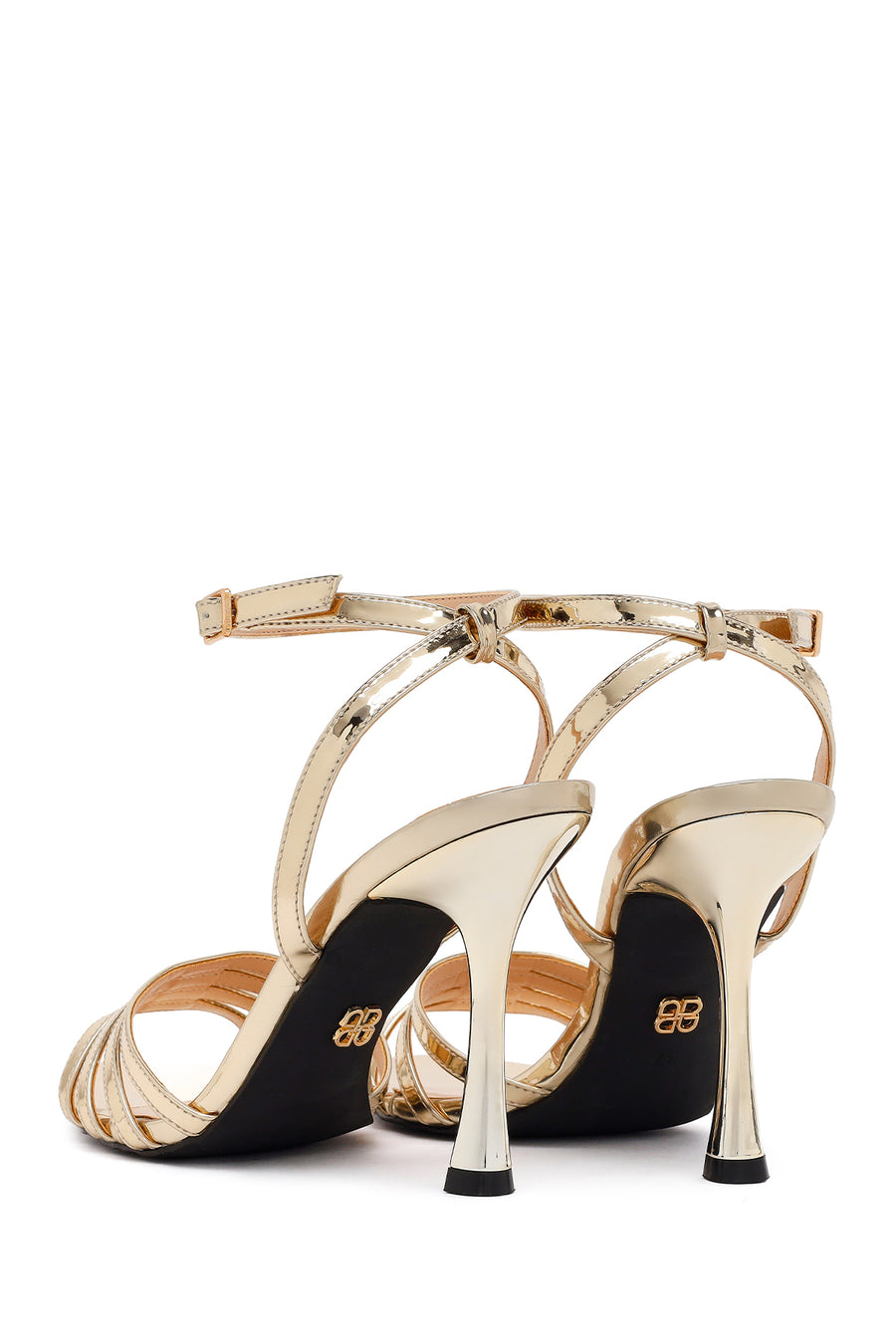 Woman Gold Ankle-Strap Buckled High Thin-Heel Metallic Sandal
