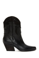 Women's Black Leather Heeled Cowboy Western Boots | Derimod