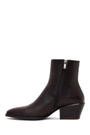 Woman Brown Zip Closure Short Thick-Heeled Leather Cowboy Boots | Derimod
