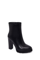 Woman Black Zip Closure High Thick-Heeled Leather Boots | Derimod