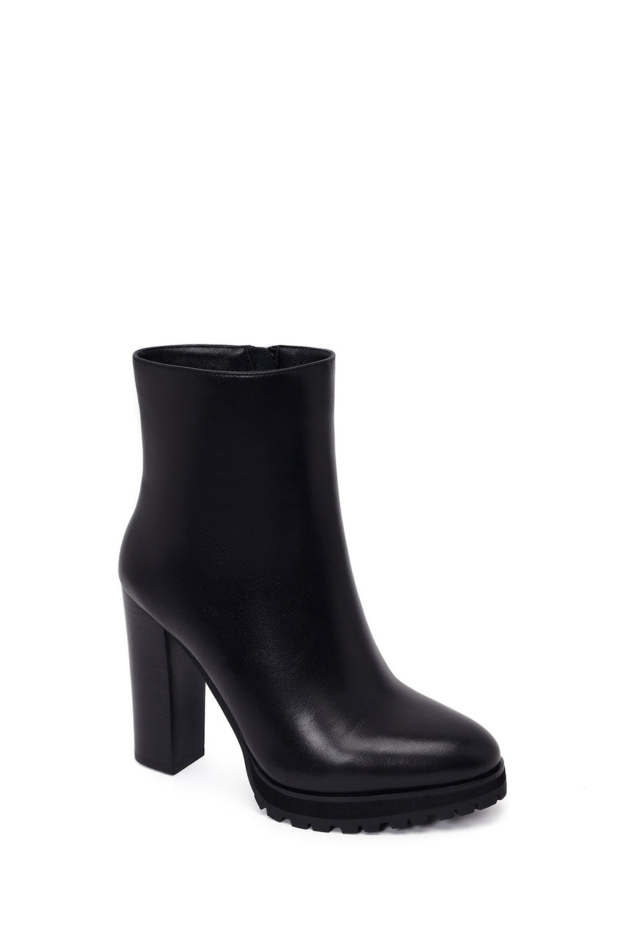 Woman Black Zip Closure High Thick-Heeled Leather Boots