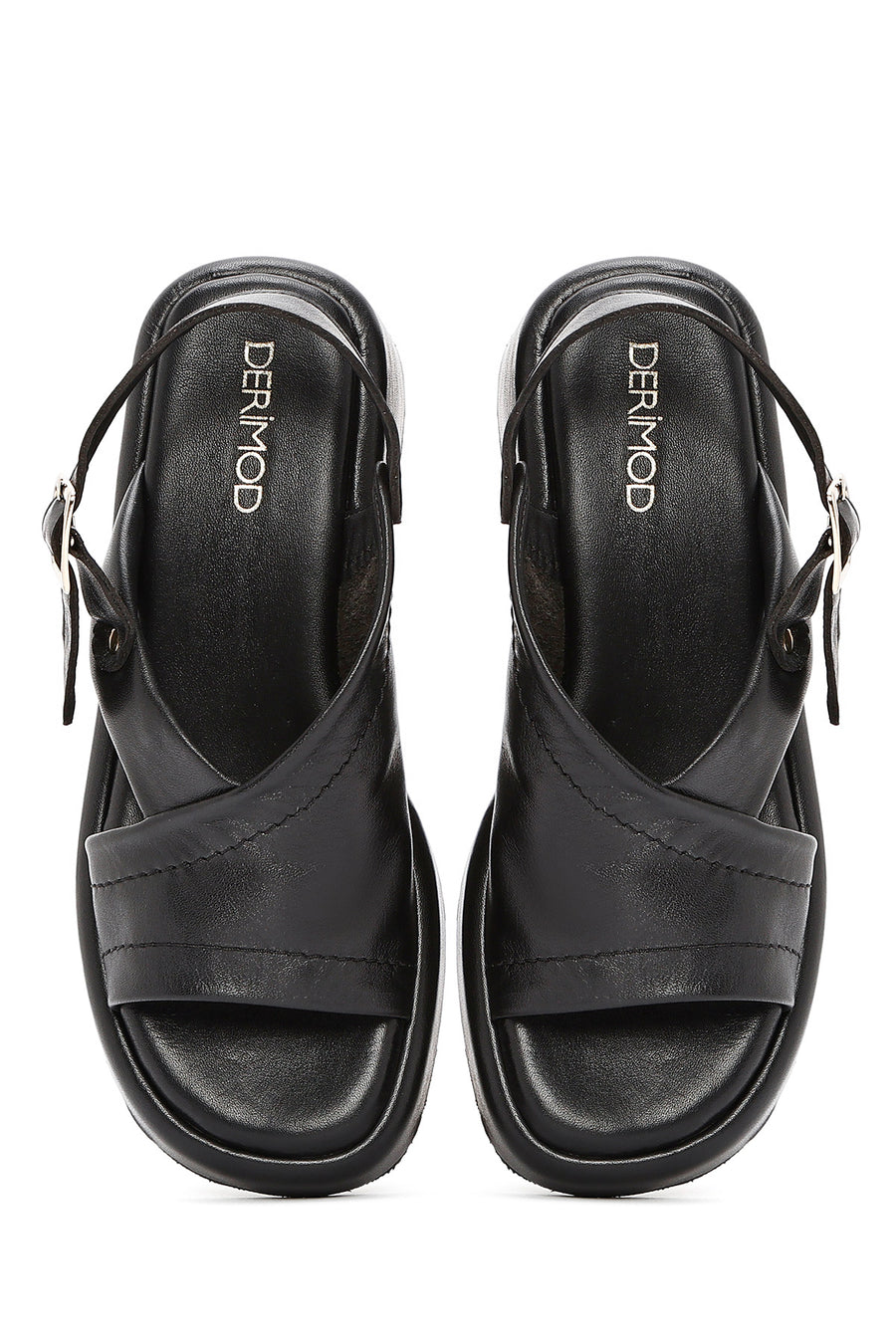 Women's Black Ankle Buckle Thick Soled Leather Sandals