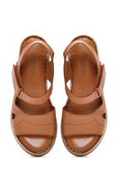 Women's Tan Thick Soled Leather Comfort Sandals with Ankle Strap | Derimod