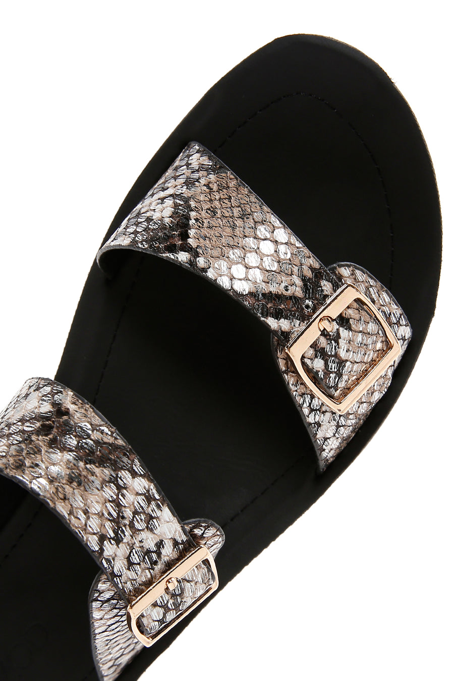 Women's Black Double Buckled Patterned Slippers
