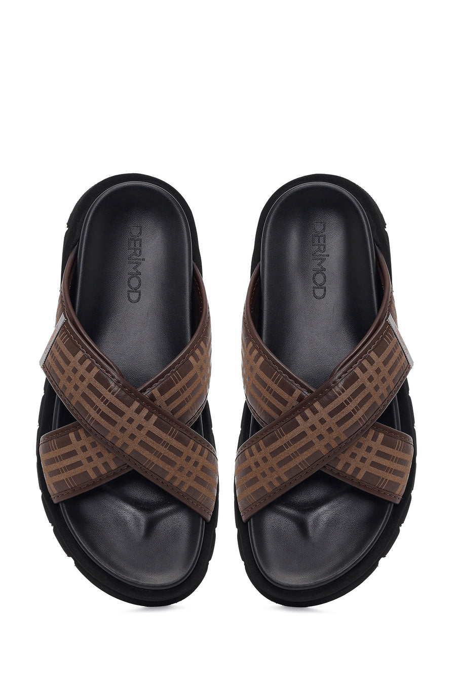 Men's Brown Patterned Leather Slippers