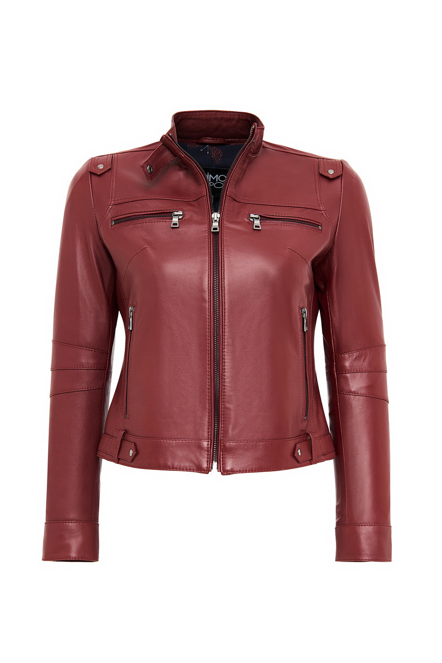 Vicky Women's Burgundy Mandarin Collar Short Leather Jacket