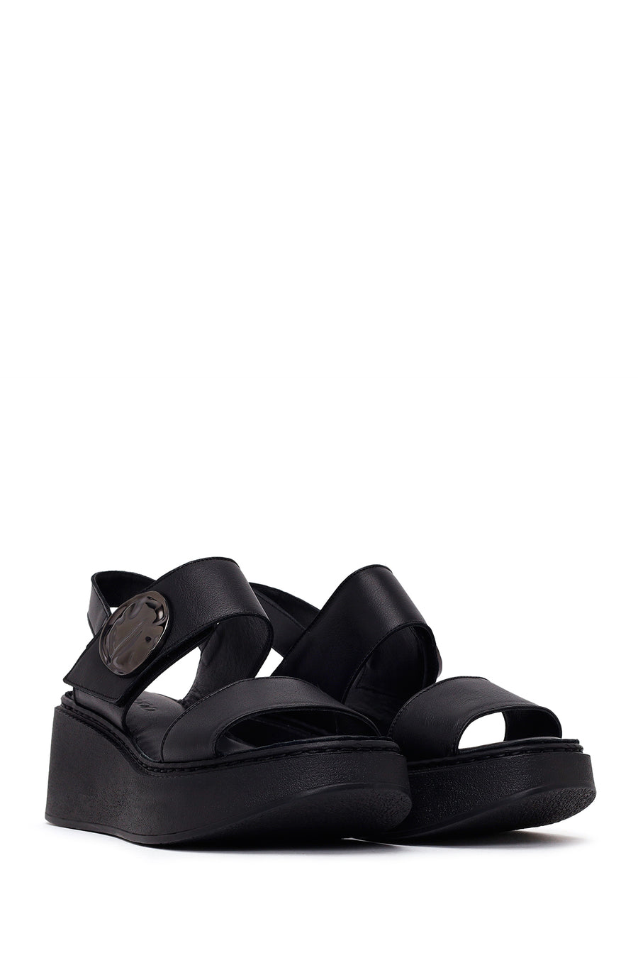 Women’s Black Strappy Wedge Leather Comfort Sandals