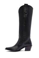 Woman Black Thick-Heeled Leather Cowboy Boots | Derimod