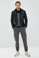 Danger Black Men's Hooded Sports Leather Jacket | Derimod