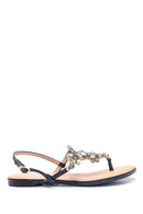 Women's Black Stone Flat Sandals | Derimod