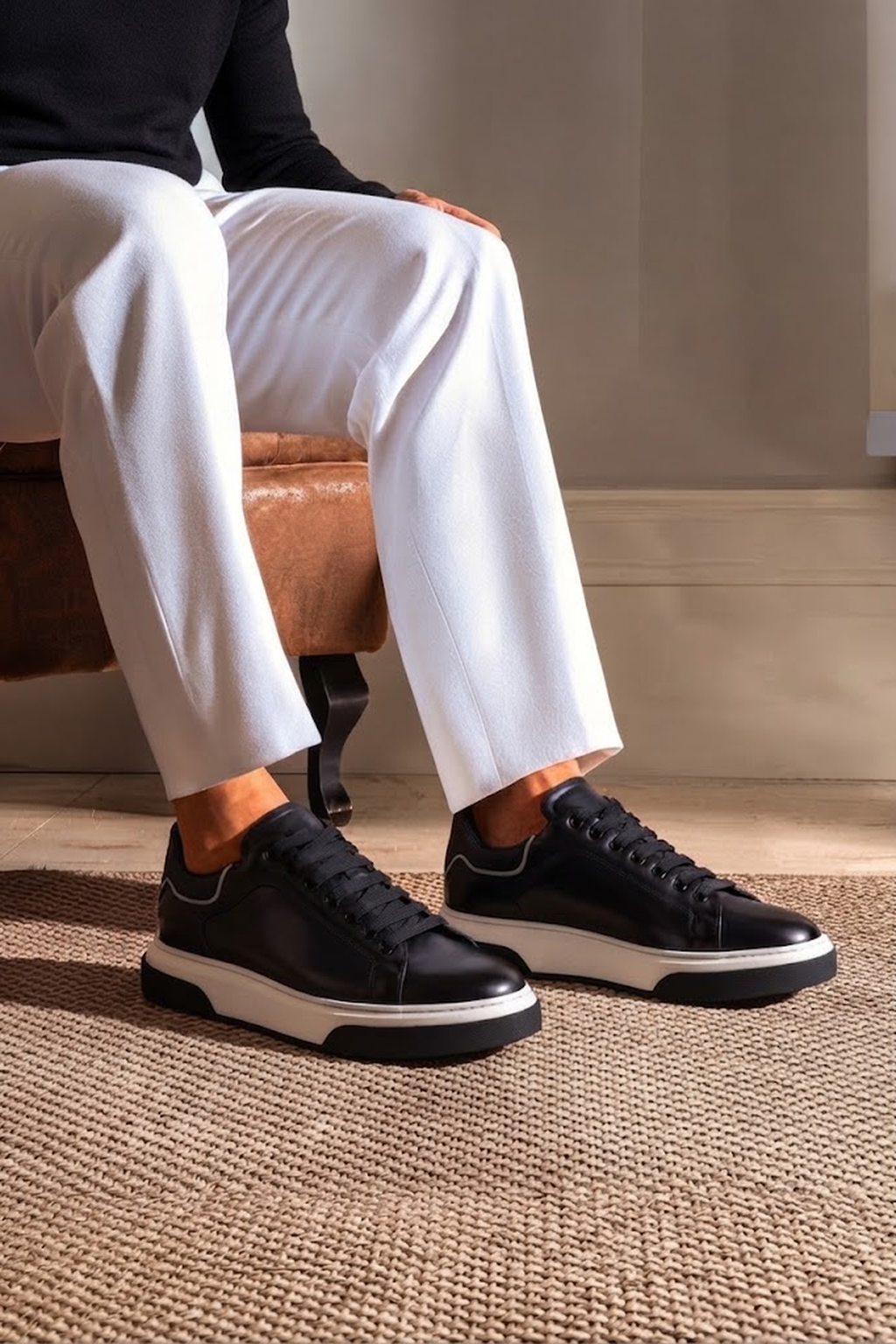 Erkek Siyah Bağcıklı Kalın Tabanlı Deri Sneaker