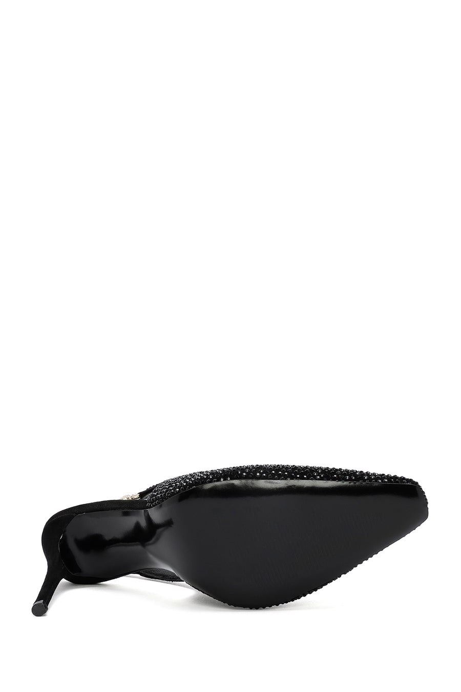 Women's Black Stoned Slingback Heeled Leather Shoes