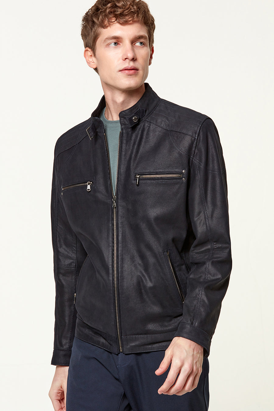 Maxim Men's Navy Blue Suede Printed Leather Jacket