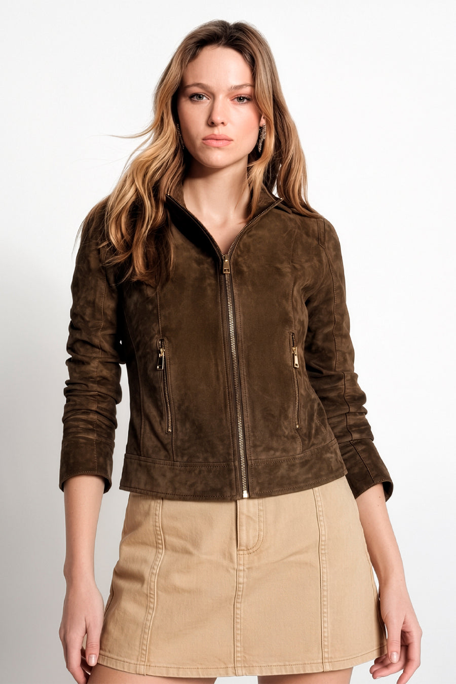 Lara Woman Green Short Suede Leather Jacket 26SGE588110 | Derimod