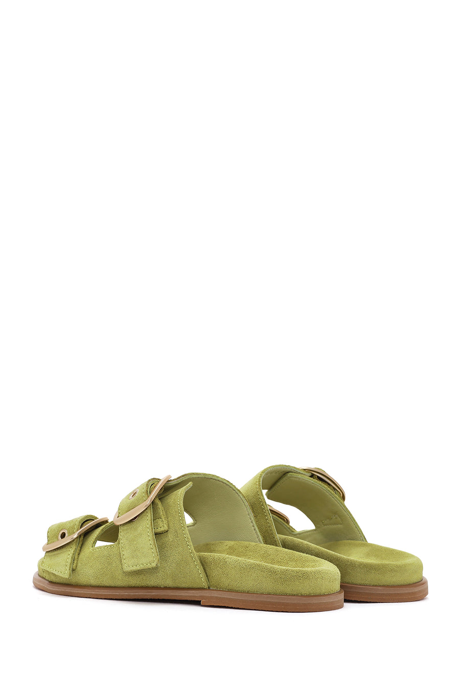 Women's Green Buckle Suede Leather Slippers