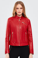 Sonia Women's Red Short Leather Jacket | Derimod