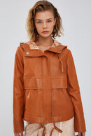 Shelly Women's Orange Oversize Hooded Leather Jacket | Derimod