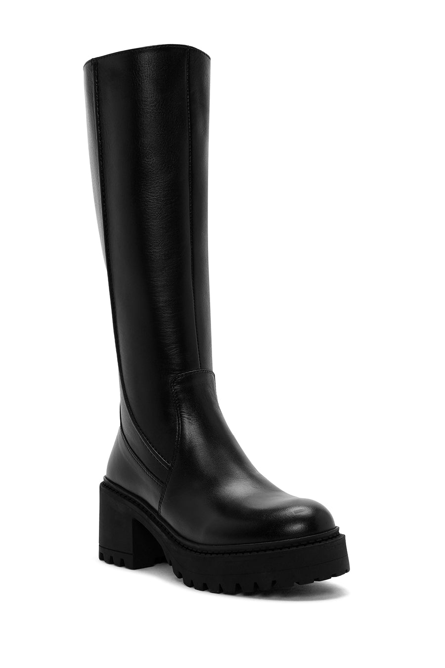 Woman Black Zip Closure Chunky Heeled Leather Boots