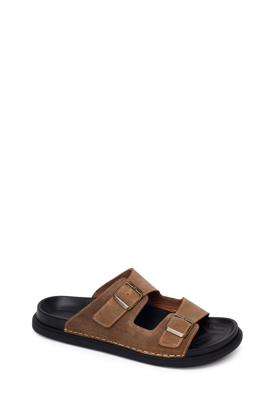 Male Beige Double-Buckle Nubuck Leather Slipper