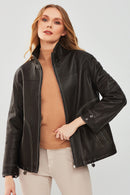 Evita Women's Black Oversize Leather Jacket | Derimod