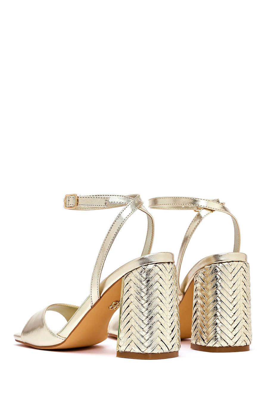 Women's Gold Ankle Buckle High Thick Heel Metallic Sandals