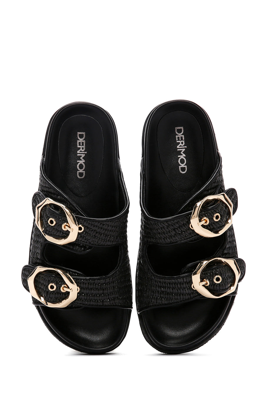 Women's Black Double Buckle Straw Slippers