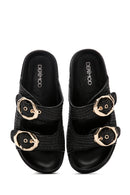 Women's Black Double Buckle Straw Slippers | Derimod