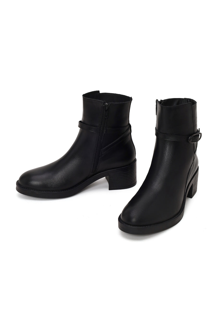 Woman Black Zip Closure Thick-Heeled Leather Boots
