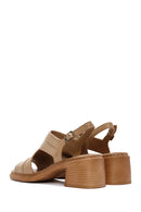 Women's Camel Thick Heeled Leather Sandals with Ankle Strap | Derimod