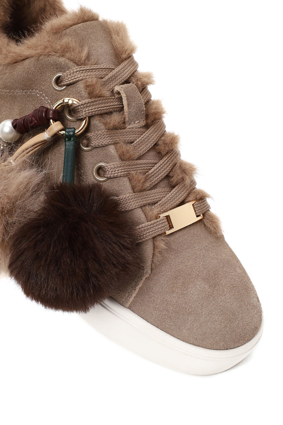 Kadın Vizon Bağcıklı Charmlı Süet Deri Teddy Sneaker