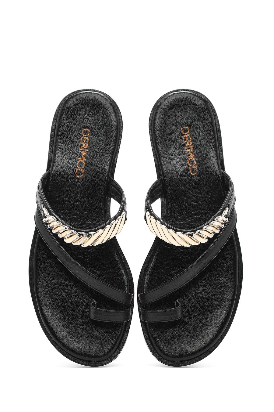 Women's Black Stoned Flip-Flop Leather Slippers